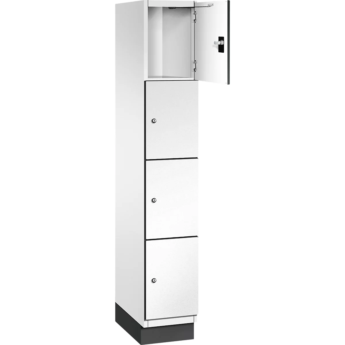 Une armoire blanche avec quatre portes, la porte supérieure est ouverte.