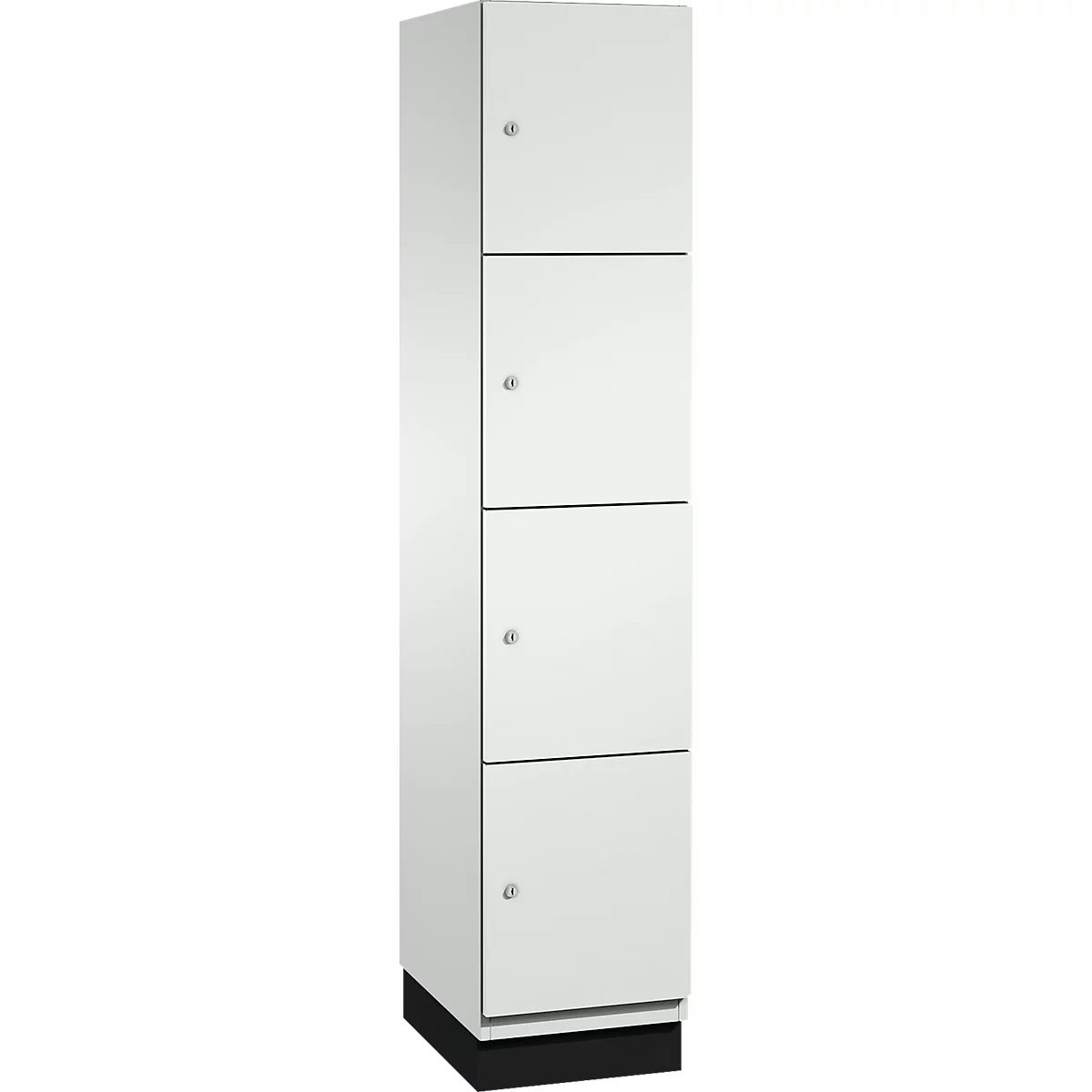 Armoire blanche haute avec cinq portes, poignées métalliques et socle noir.