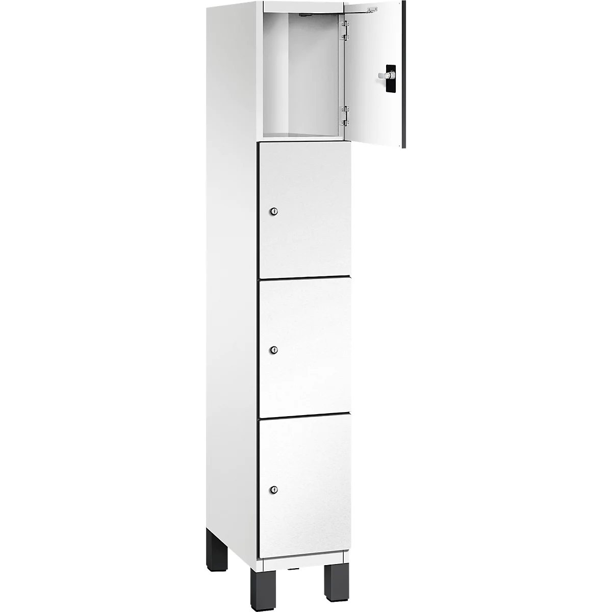 Armoire blanche étroite à quatre compartiments ; le compartiment supérieur est ouvert.