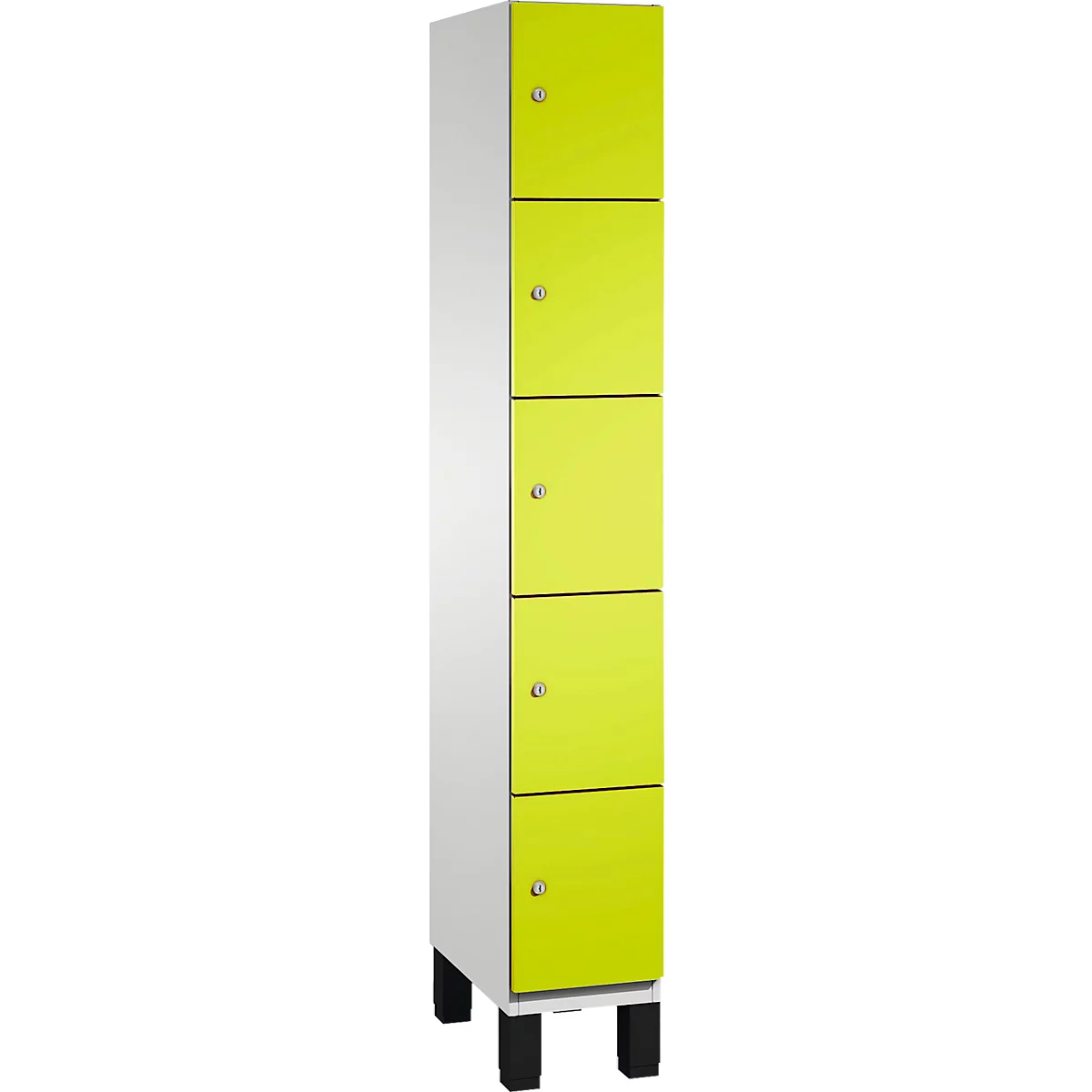 Une armoire haute avec des côtés blancs et des portes jaunes, elle repose sur des pieds noirs.