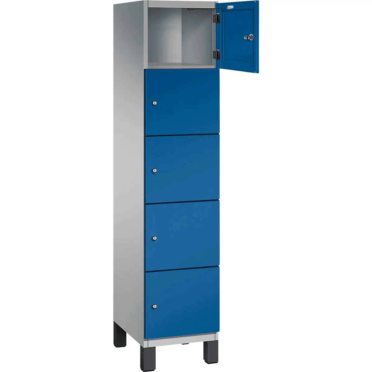 Casier bleu avec quatre compartiments, une porte ouverte, un cadre gris.