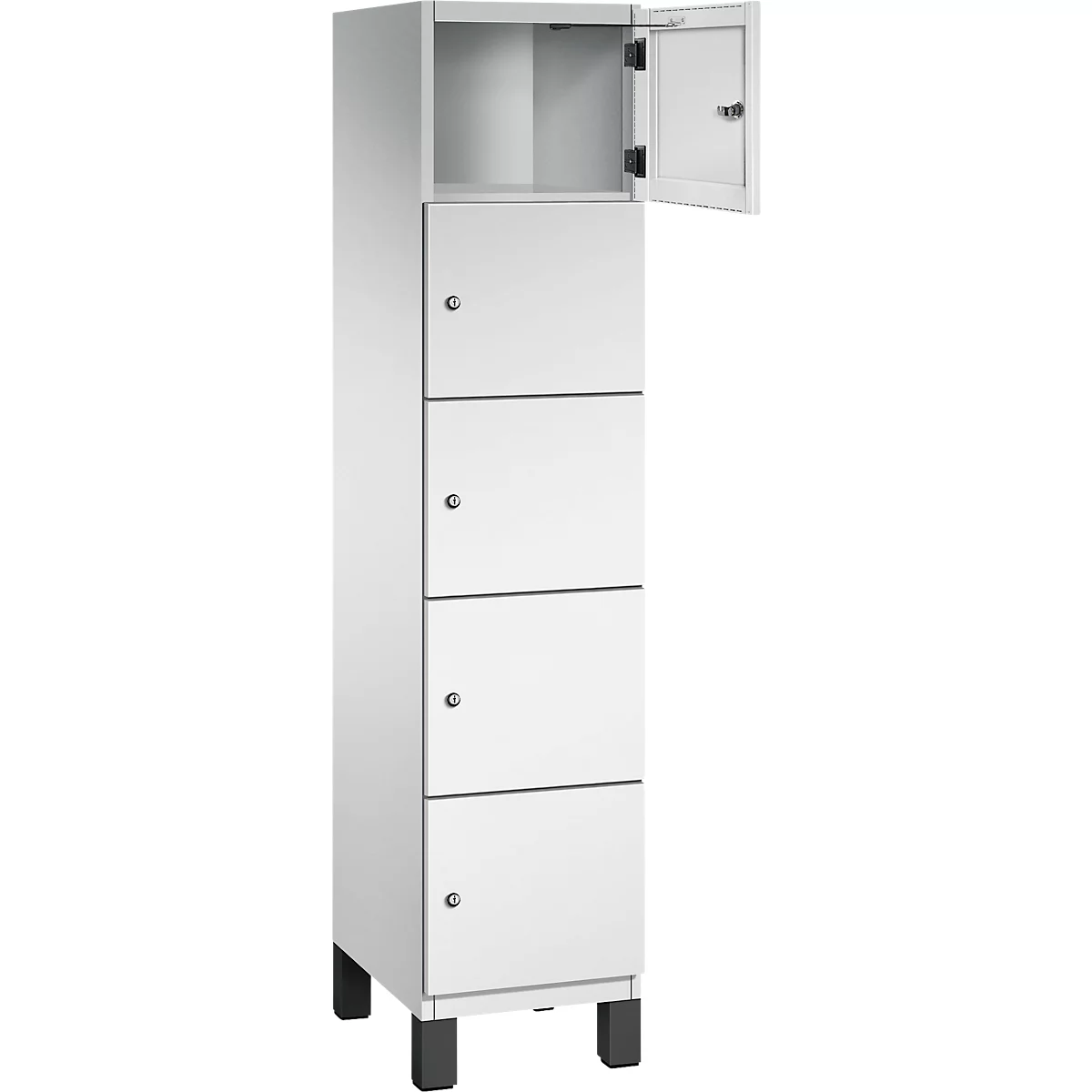 Armoire blanche avec quatre portes et un compartiment ouvert en haut à droite.