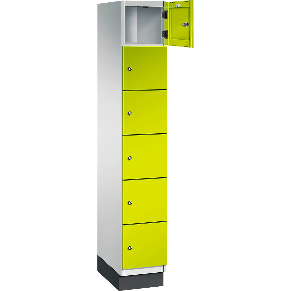 Armoire blanche avec 5 portes jaune néon. Une porte est ouverte, une autre est ouverte.
