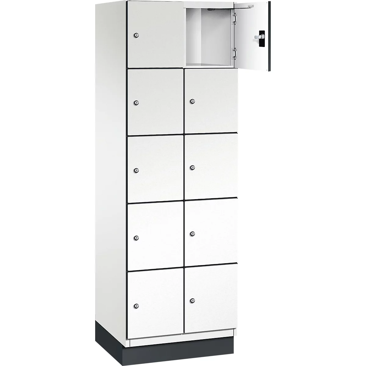 Armoire blanche à huit compartiments, un compartiment est ouvert. Socle noir, poignées argentées.