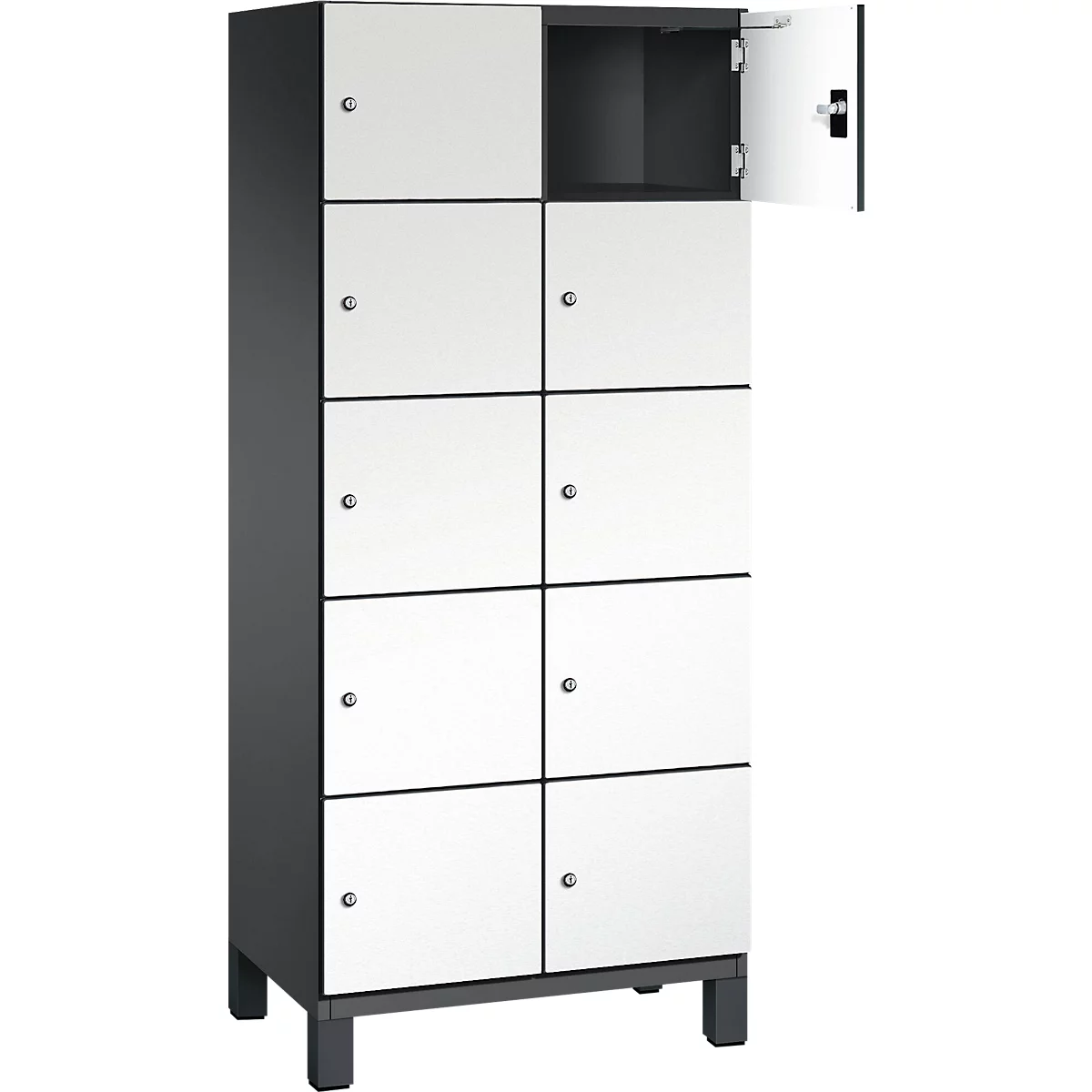Armoire à huit compartiments, deux portes ouvertes. Corps gris, portes blanches avec boutons argentés.