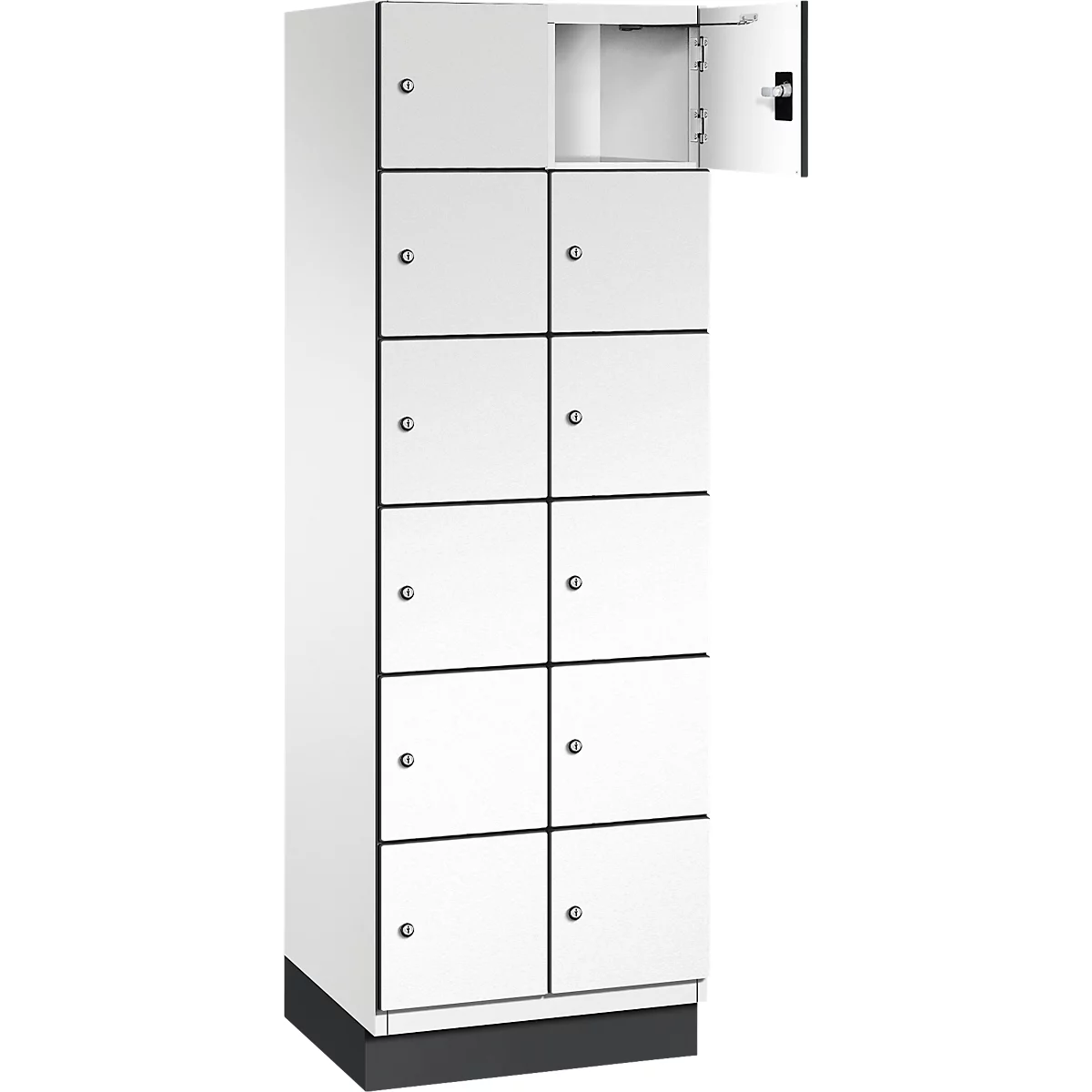 Casier blanc avec 10 compartiments. Un compartiment ouvert. Accents noirs.