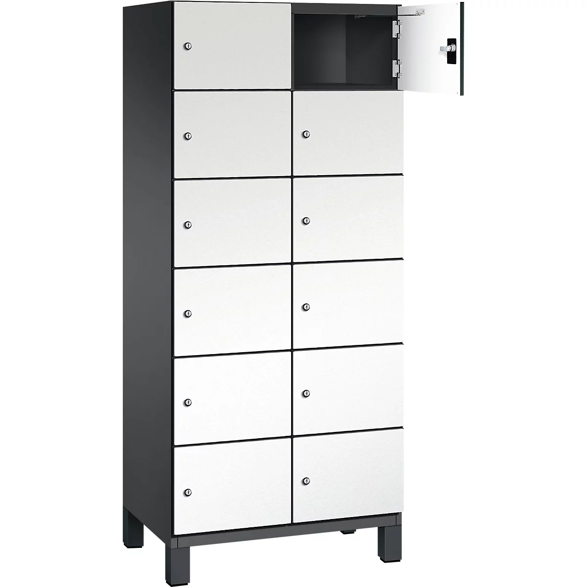 Casier noir avec portes blanches. Une porte est ouverte.