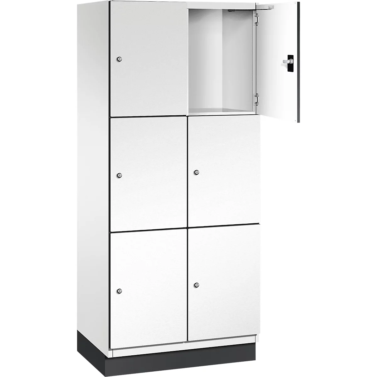 Casier blanc avec six compartiments, une porte ouverte.
