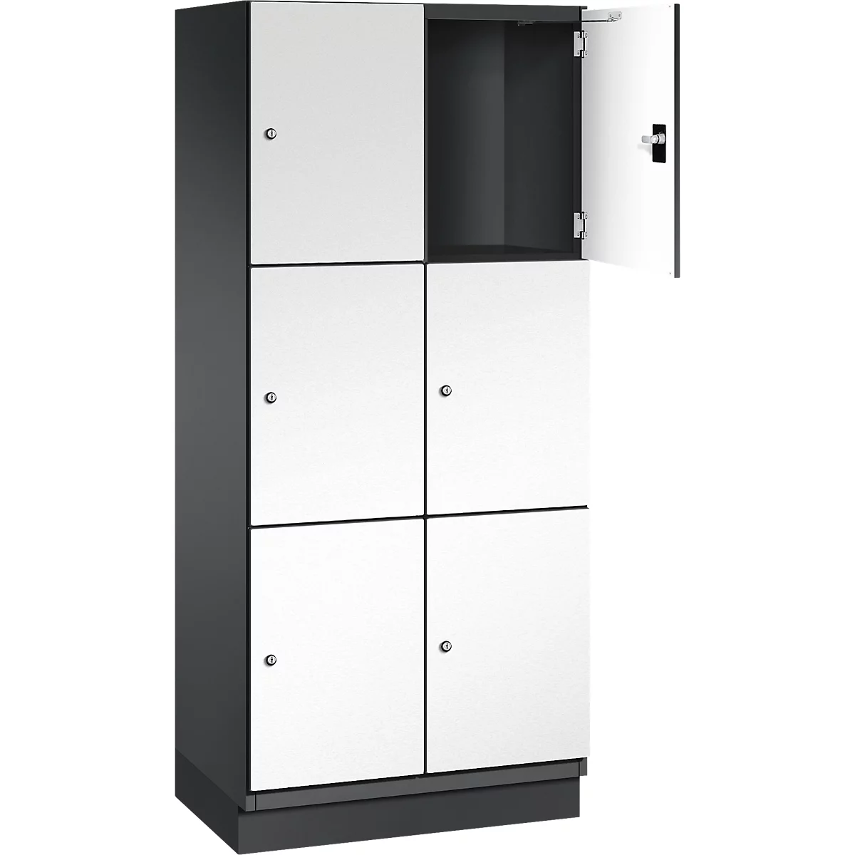 Armoire à six compartiments, deux portes ouvertes. Portes blanches sur corps anthracite.
