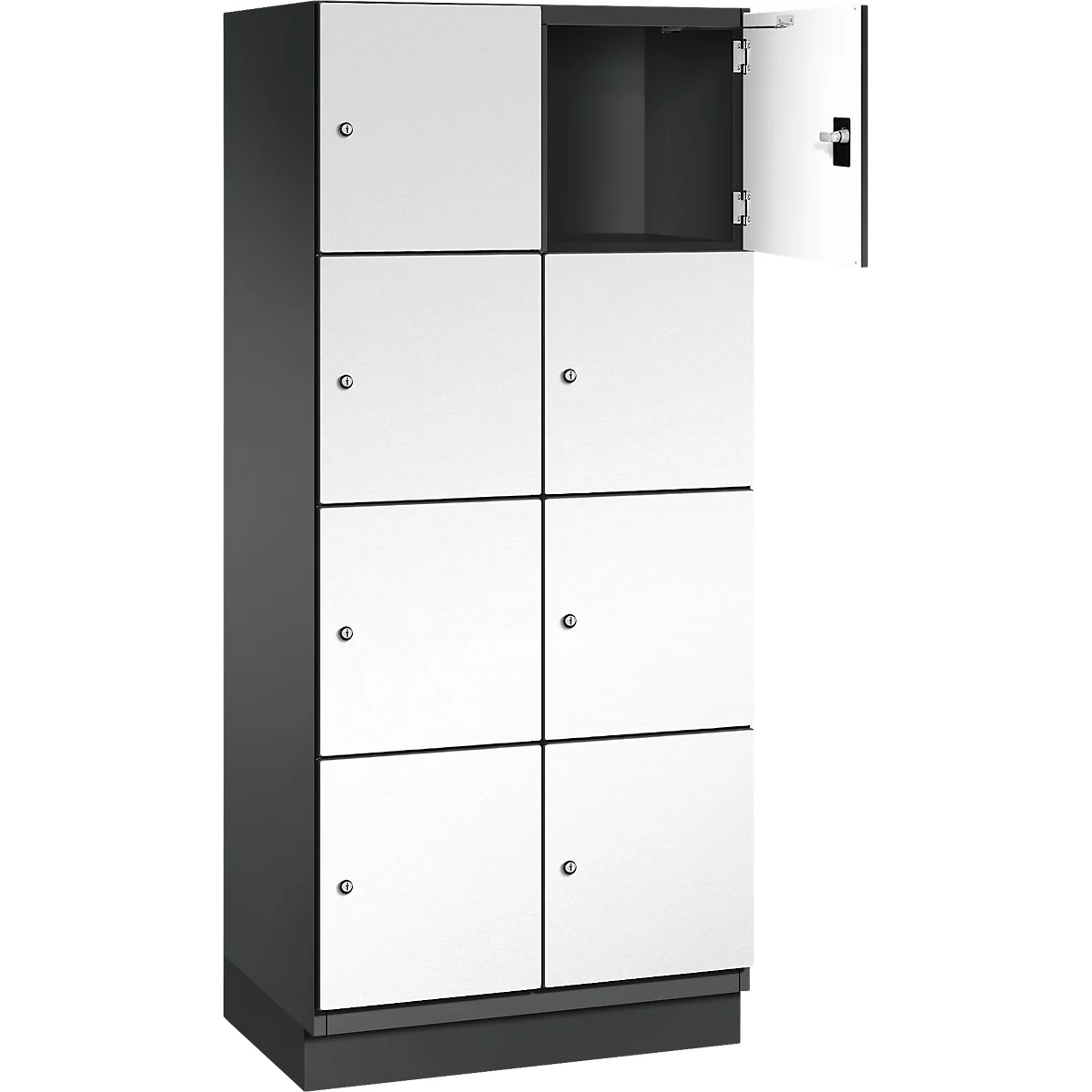 Armoire à huit compartiments, une porte ouverte. Portes blanches, corps gris.