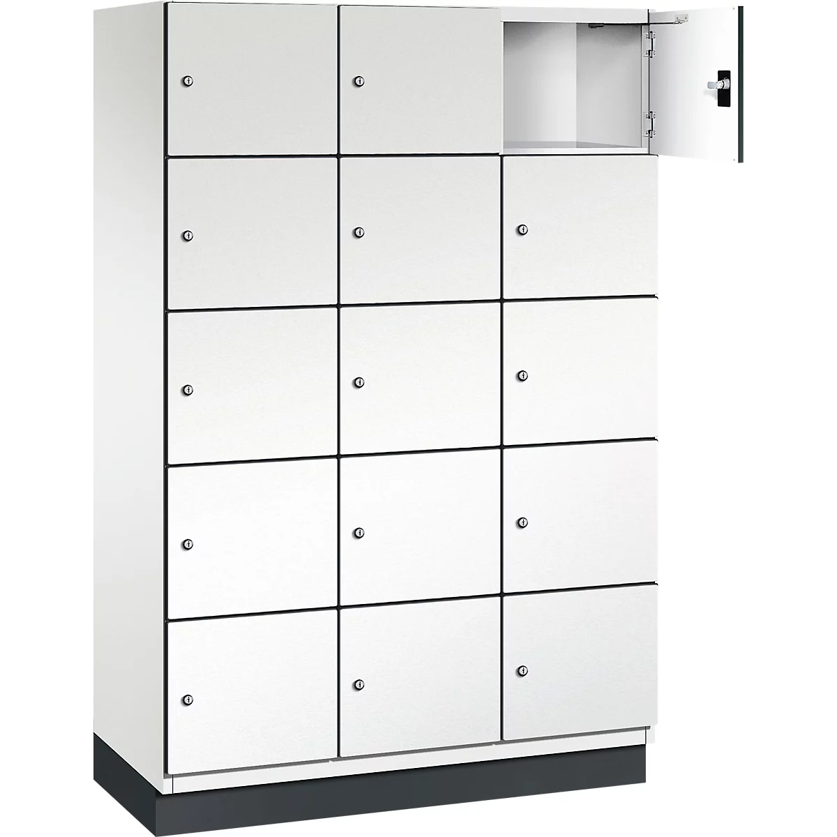 Armoire blanche avec 15 compartiments carrés, dont un ouvert. Bordure noire, base sombre.