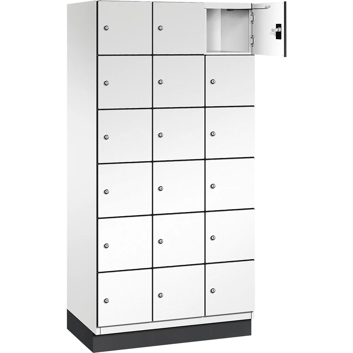 Armoire blanche avec 15 portes, dont une ouverte, révélant l'intérieur vide. Cadres et poignées noirs.