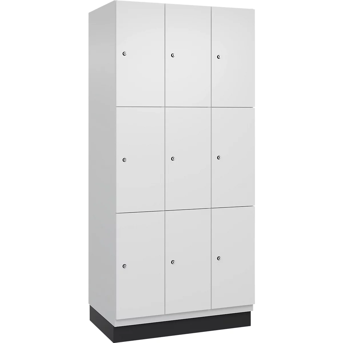 Armoire avec neuf portes blanches et poignées rondes, sur une base noire.