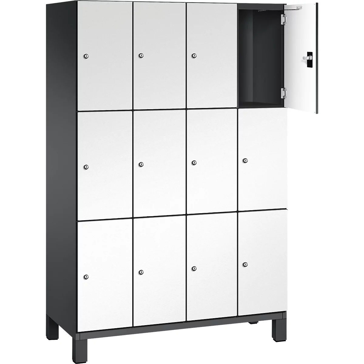 Un casier blanc avec une porte ouverte. Cadre gris, pieds et poignées noirs.