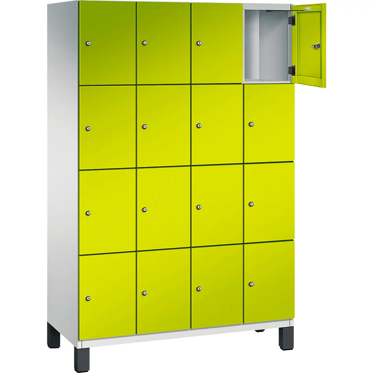 Une armoire à casiers avec des portes jaune-vert. Une porte est ouverte.