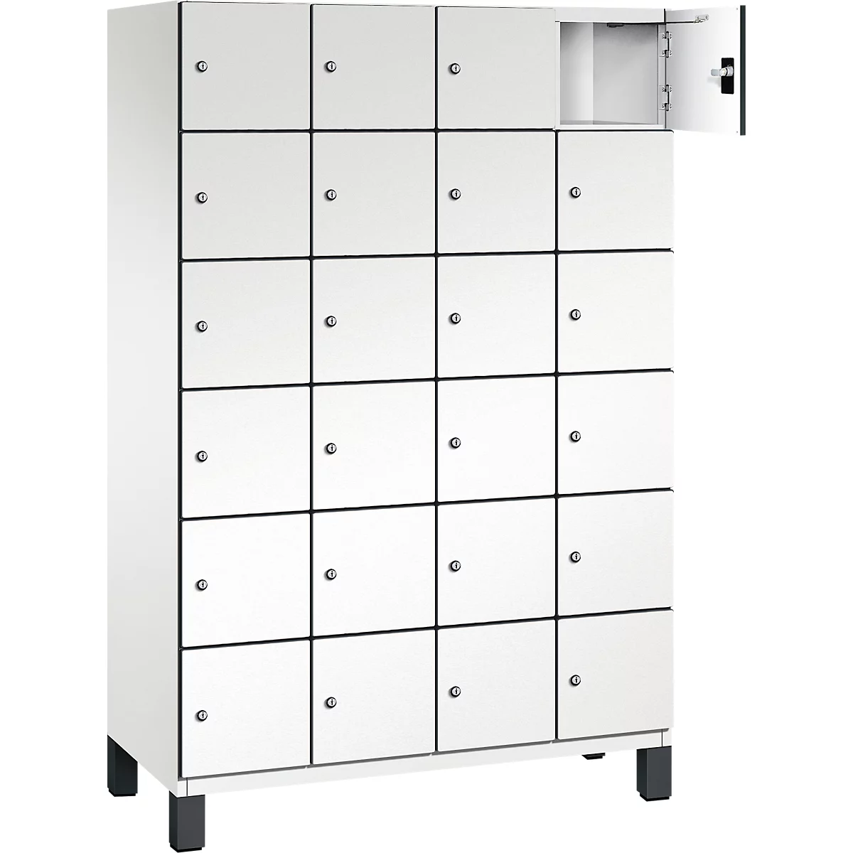 Casier blanc avec 20 compartiments, un compartiment est ouvert.