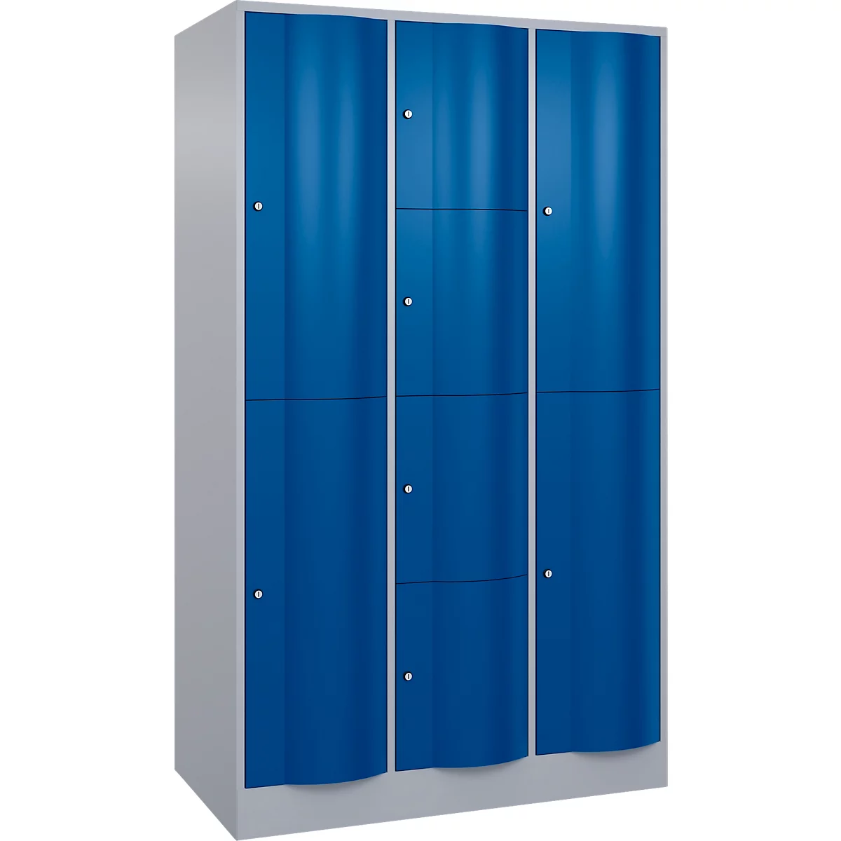 Armoire à casiers combinés Resisto de C+P, 3 compartiments, 9 casiers, L 1148 x P 640 x H 1950 mm, alu blanc/bleu gentiane