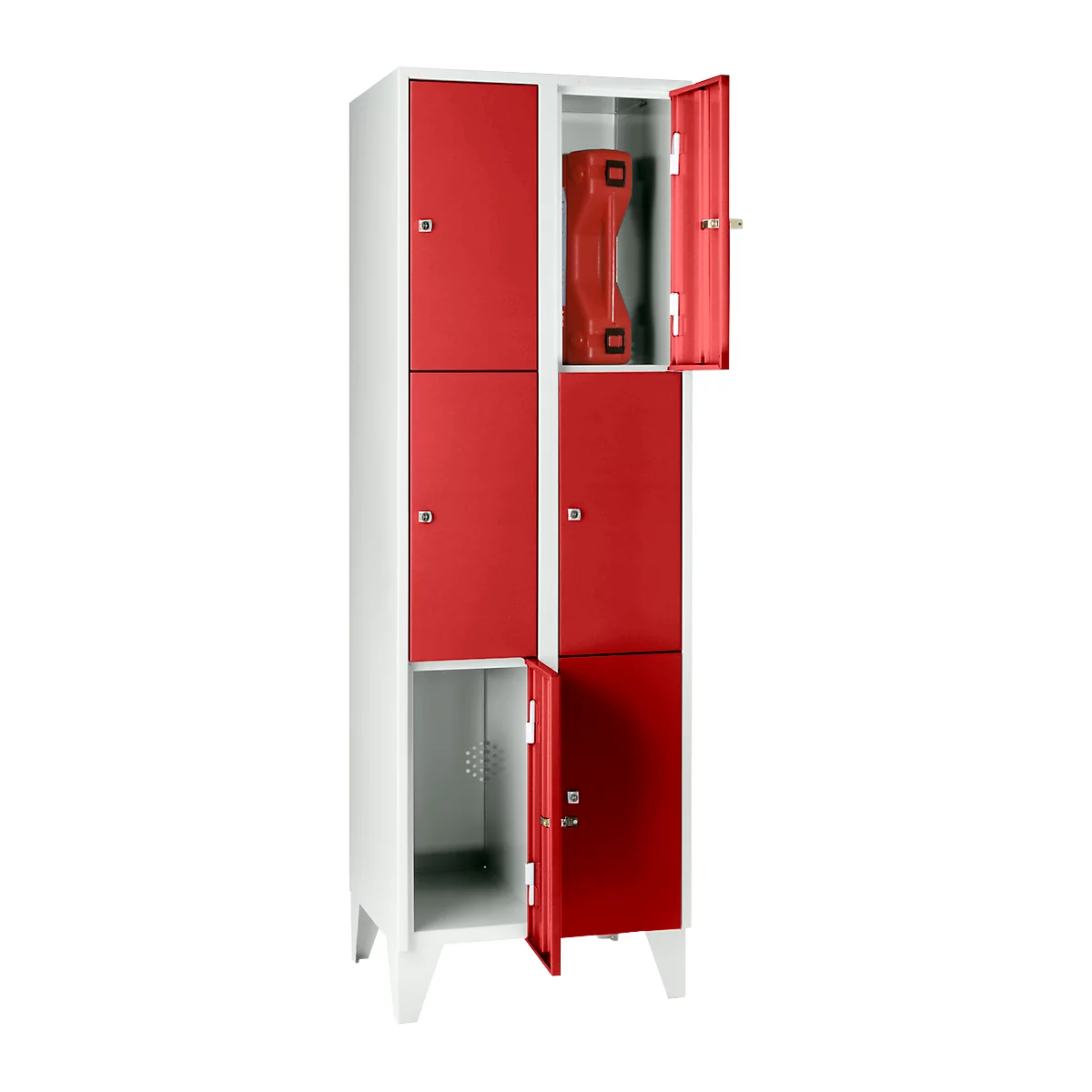 Armoire à casiers pour objets de valeur 300 mm, 2 compartiments, 6 casiers, serrure à cylindre de sécurité, pied, rouge feu