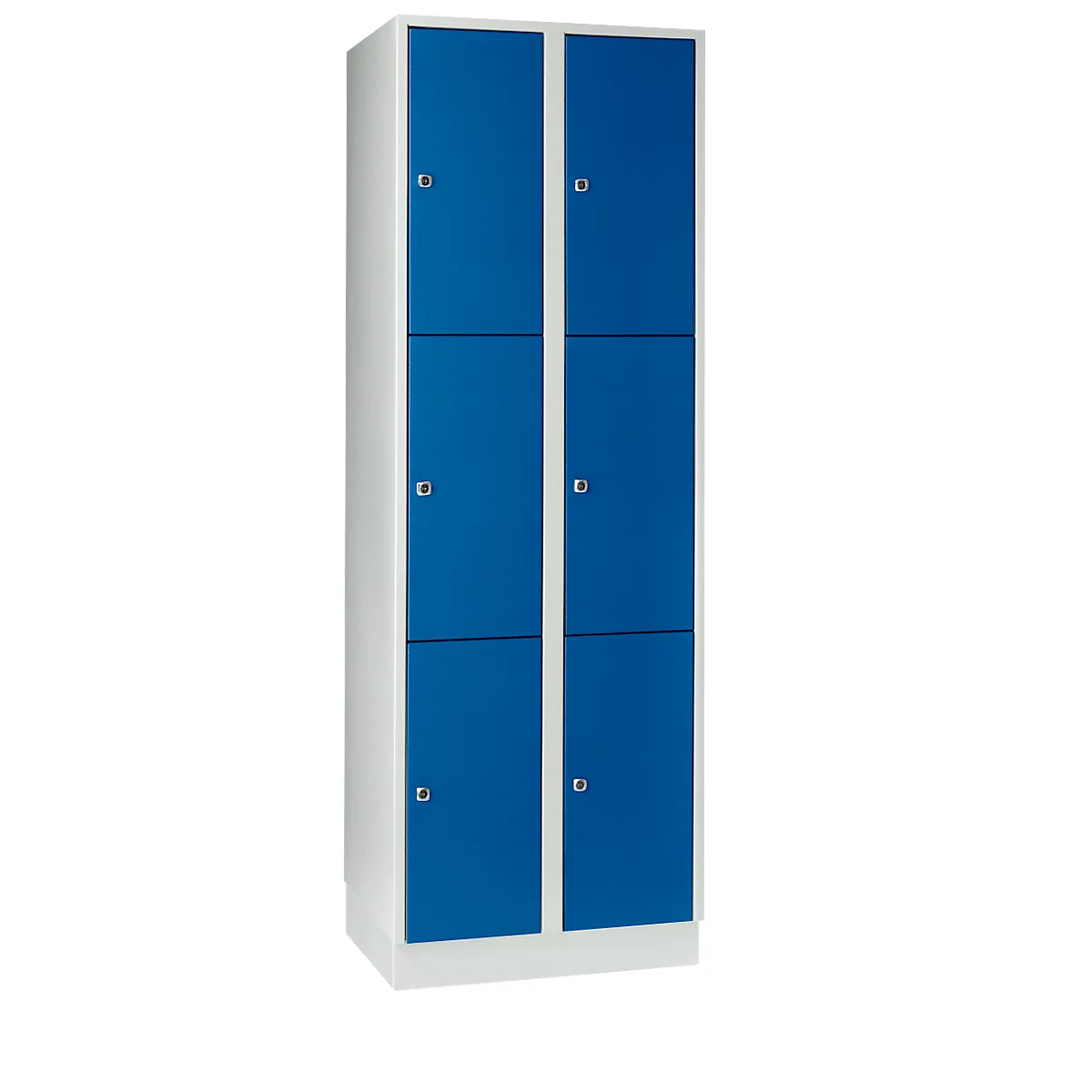 Armoire à casiers pour objets de valeur 300 mm, 2 compartiments, 6 casiers, serrure à cylindre de sécurité, sur socle, bleu gentiane
