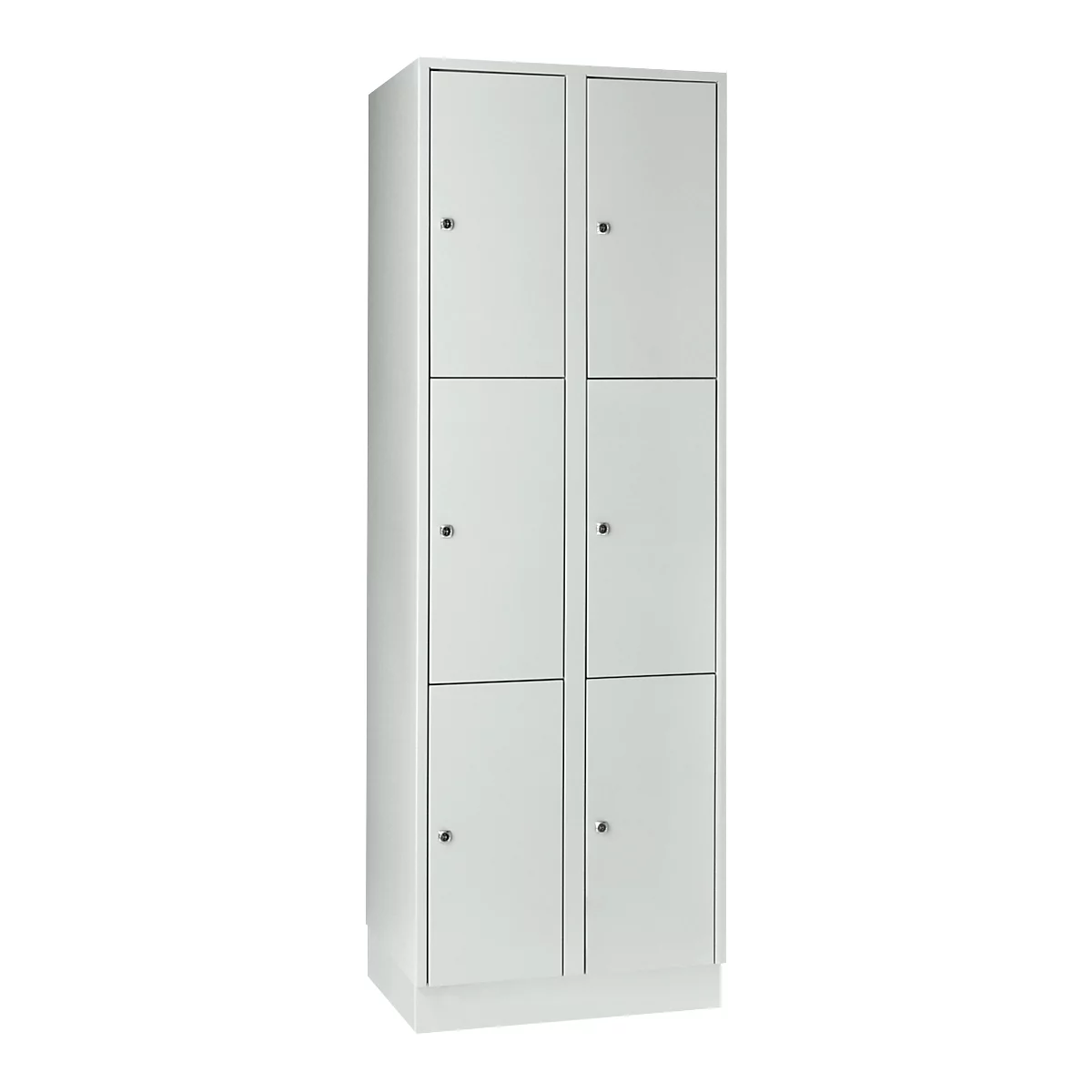 Armoire à casiers pour objets de valeur 300 mm, 2 compartiments, 6 casiers, serrure à cylindre de sécurité, sur socle, gris clair