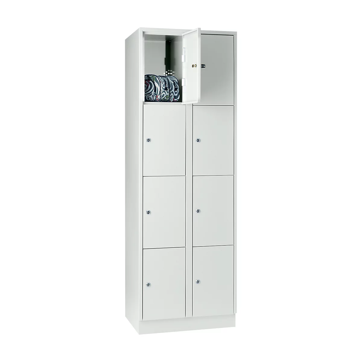 Armoire à casiers pour objets de valeur 300 mm, 2 compartiments, 8 casiers, serrure à cylindre de sécurité, sur socle, gris clair