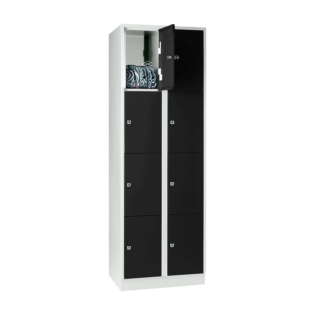 Armoire à casiers pour objets de valeur 300 mm, 2 compartiments, 8 casiers, serrure à cylindre de sécurité, sur socle, noir ébène