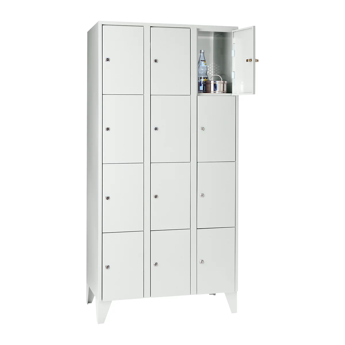 Armoire à casiers pour objets de valeur 300 mm, 3 compartiments, 12 casiers, serrure à cylindre de sécurité, pied, gris clair