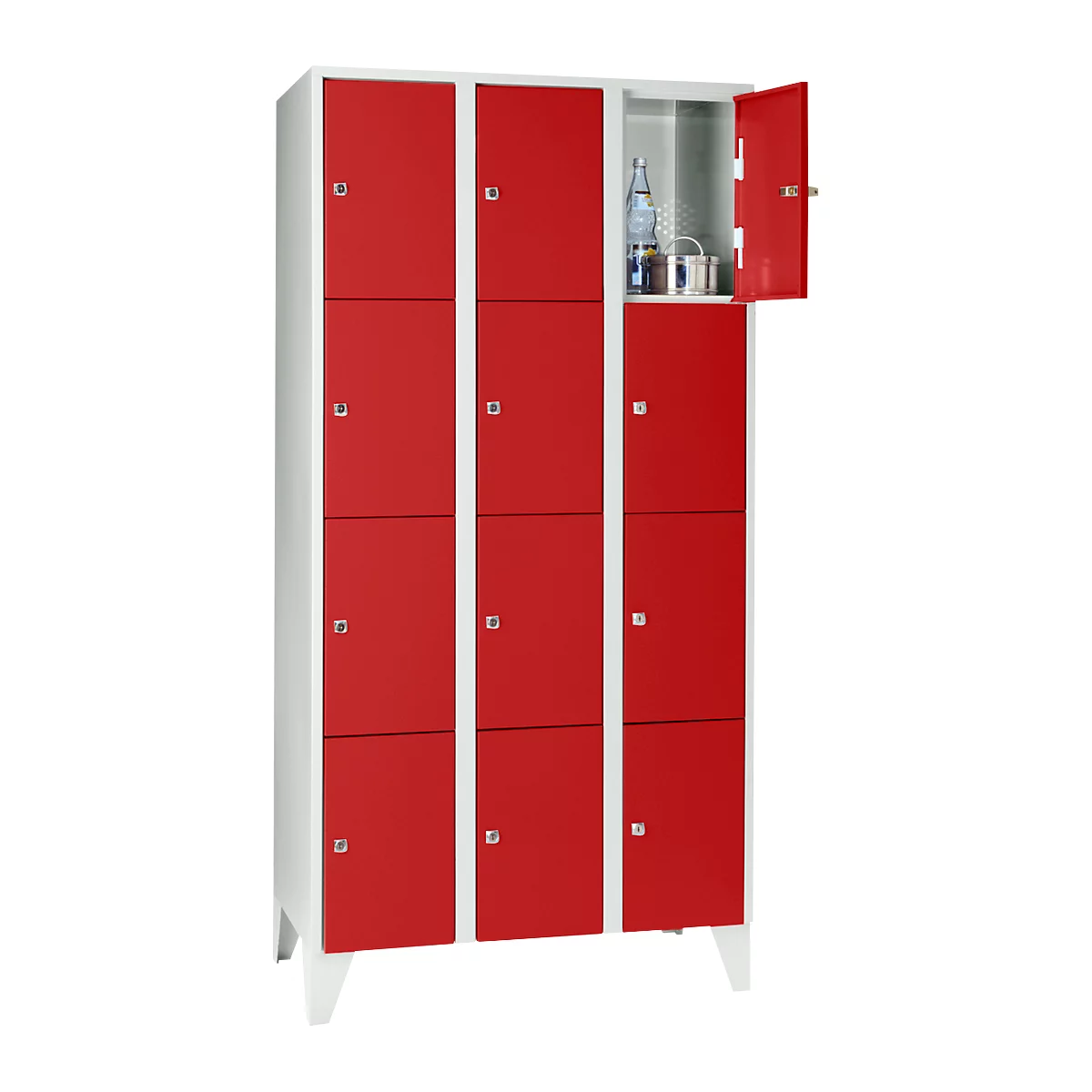 Armoire à casiers pour objets de valeur 300 mm, 3 compartiments, 12 casiers, serrure à cylindre de sécurité, pied, rouge feu