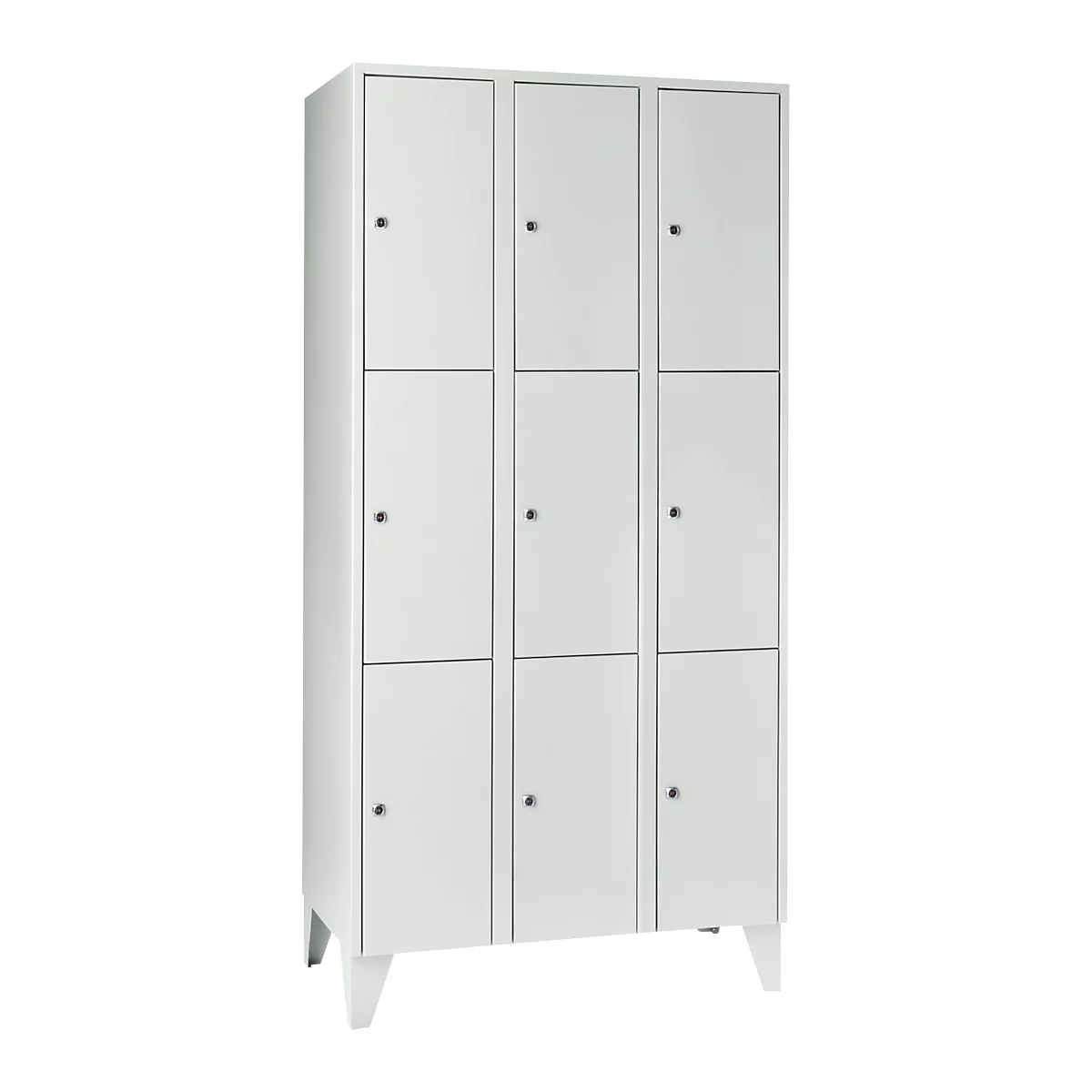 Armoire à casiers pour objets de valeur 300 mm, 3 compartiments, 9 casiers, serrure à cylindre de sécurité, pied, gris clair
