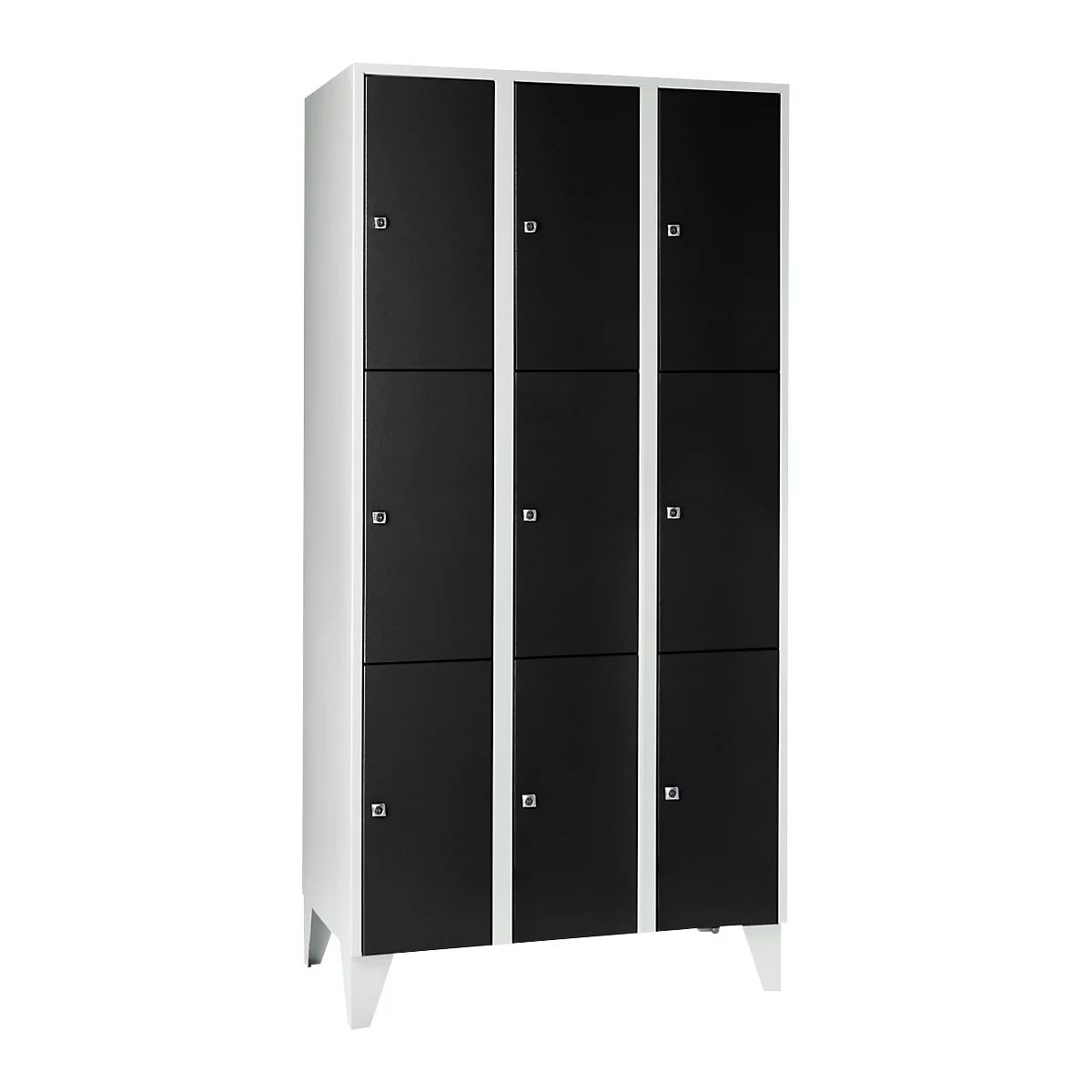 Armoire à casiers pour objets de valeur 300 mm, 3 compartiments, 9 casiers, serrure à cylindre de sécurité, pied, noir ébène