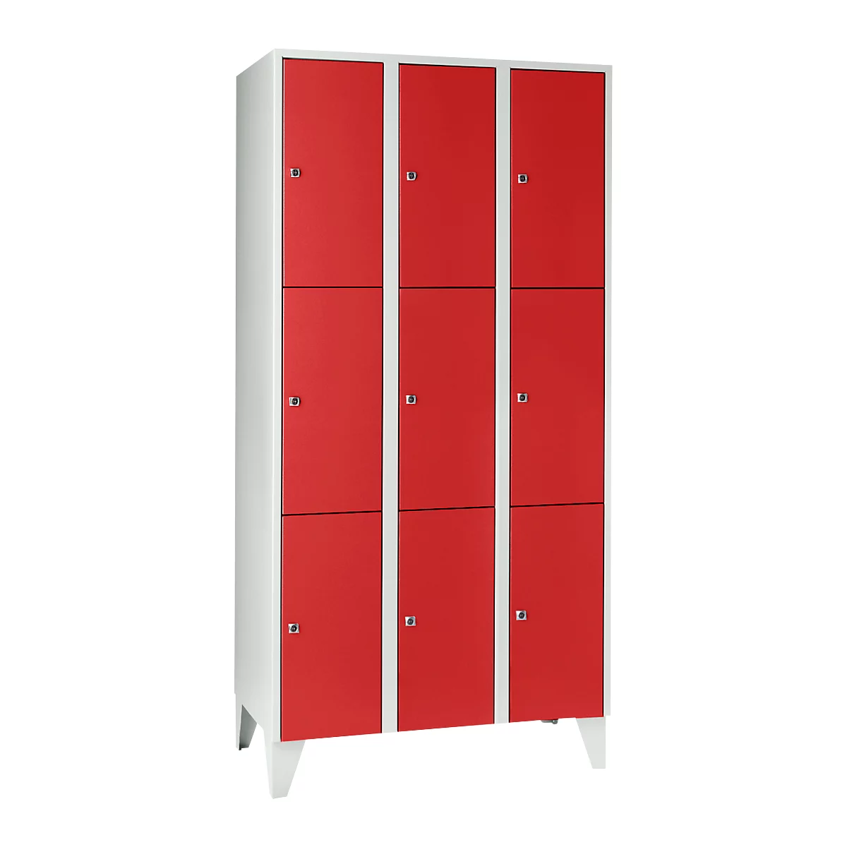 Armoire à casiers pour objets de valeur 300 mm, 3 compartiments, 9 casiers, serrure à cylindre de sécurité, pied, rouge feu