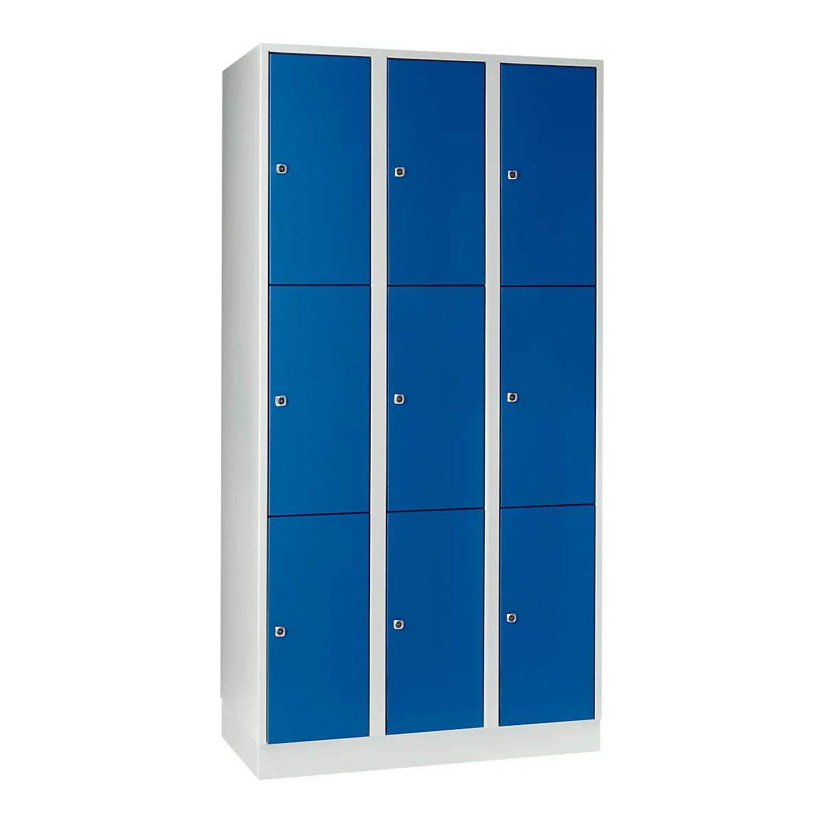 Armoire à casiers pour objets de valeur 300 mm, 3 compartiments, 9 casiers, serrure à cylindre de sécurité, sur socle, bleu gentiane