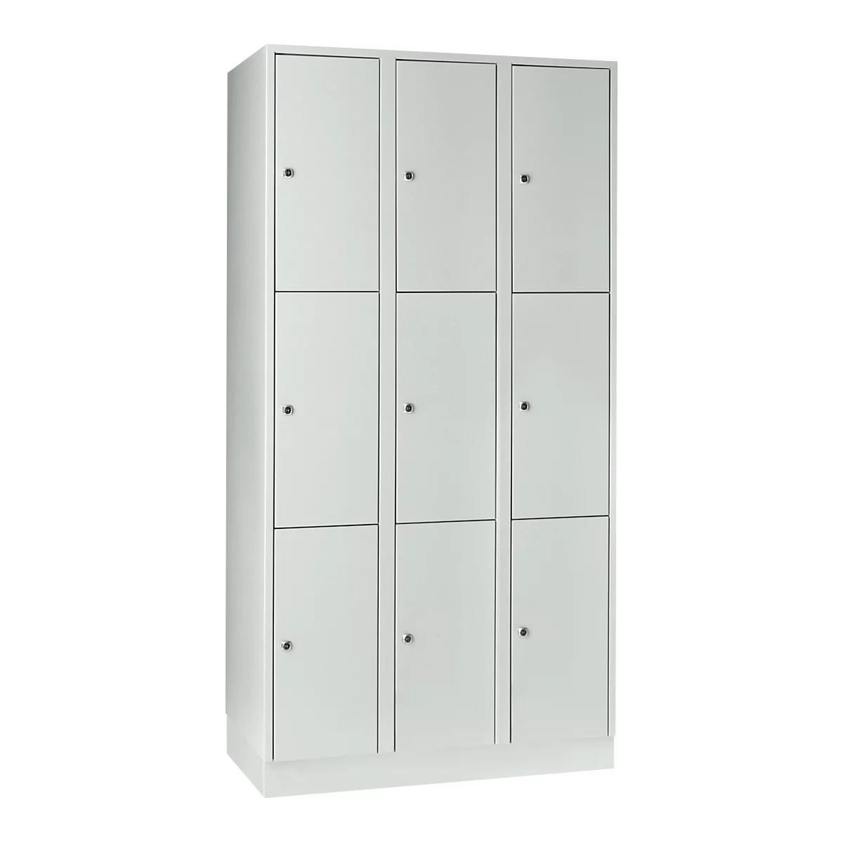 Armoire à casiers pour objets de valeur 300 mm, 3 compartiments, 9 casiers, serrure à cylindre de sécurité, sur socle, gris clair