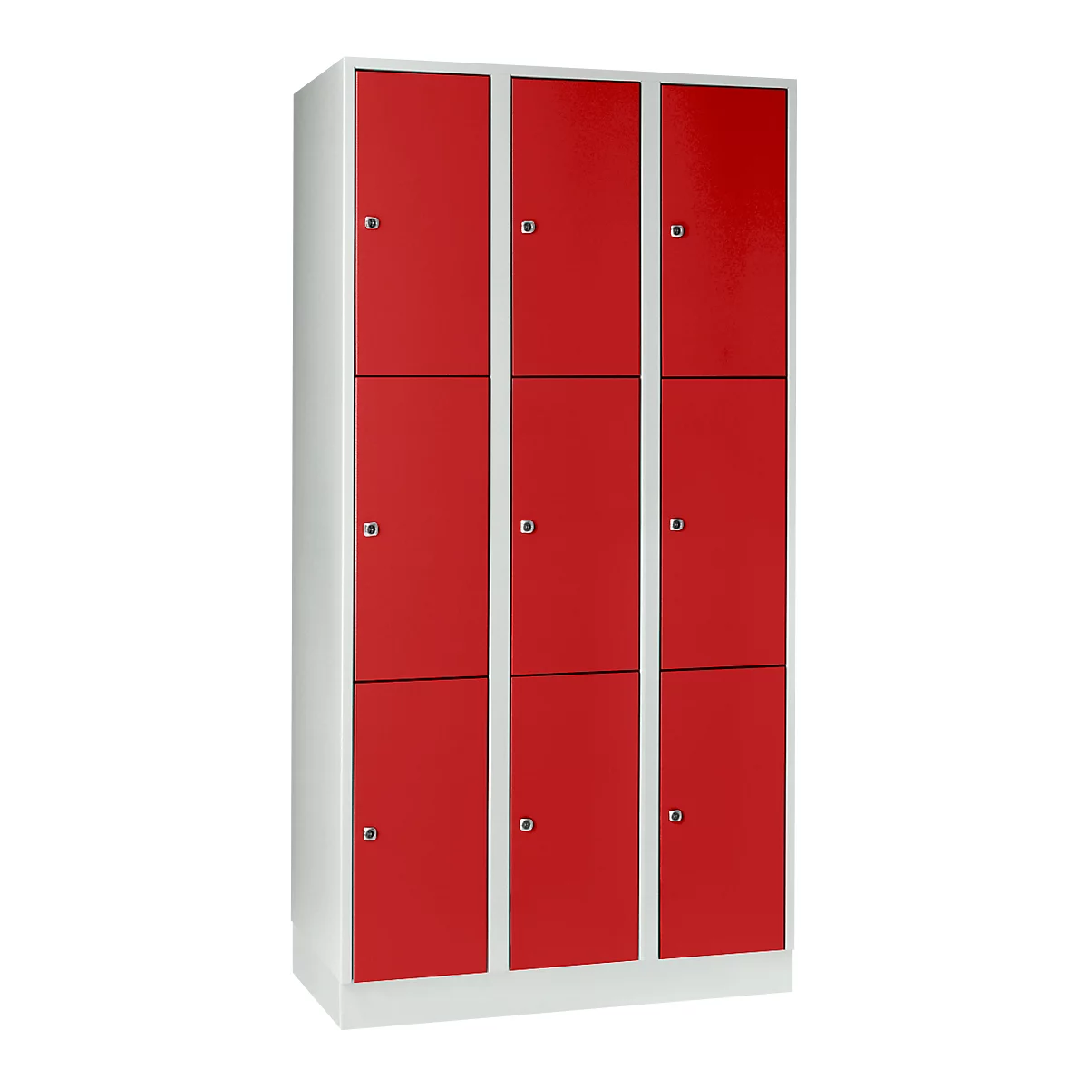 Armoire à casiers pour objets de valeur 300 mm, 3 compartiments, 9 casiers, serrure à cylindre de sécurité, sur socle, rouge feu