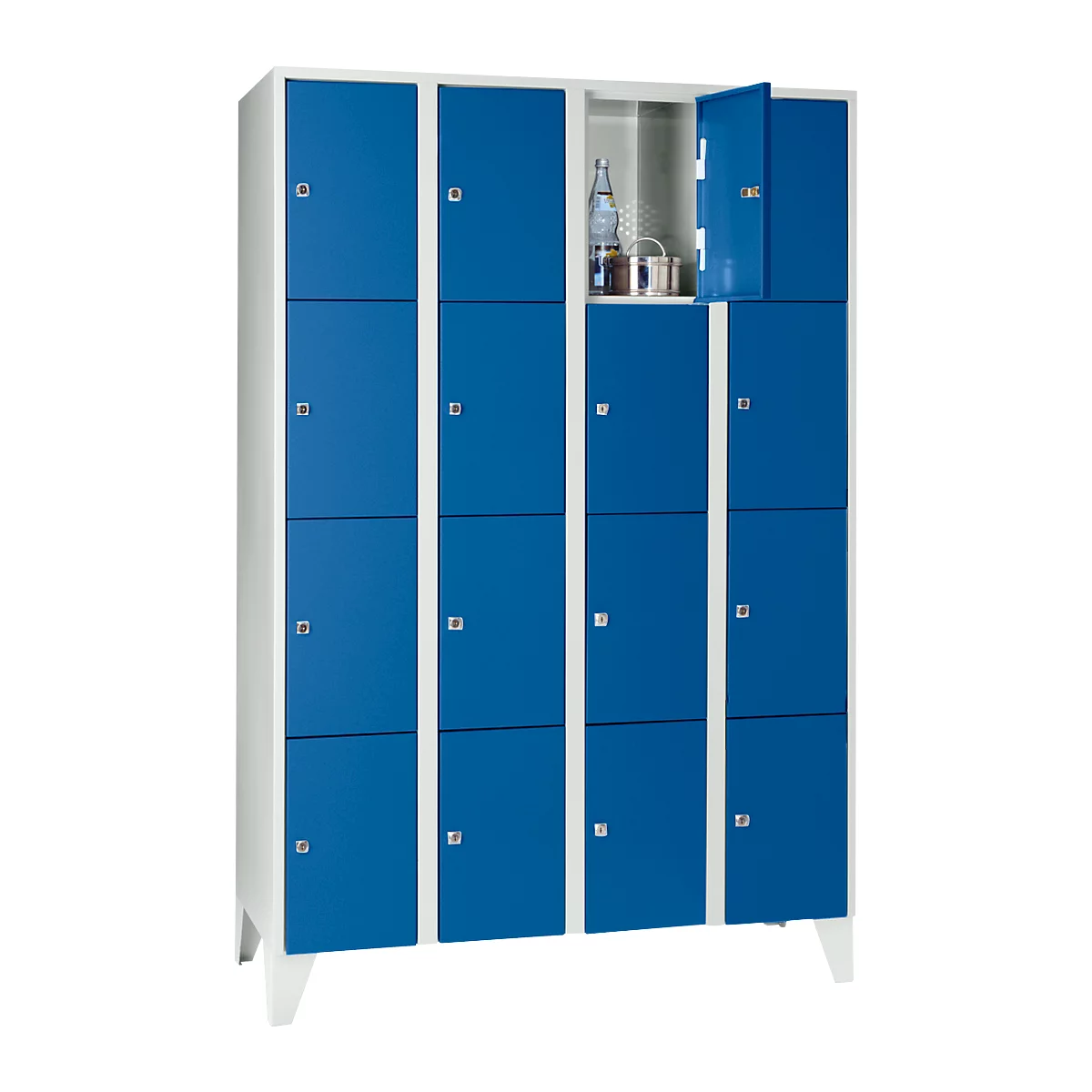 Armoire à casiers pour objets de valeur 300 mm, 4 compartiments, 16 casiers, serrure à cylindre de sécurité, pied, bleu gentiane