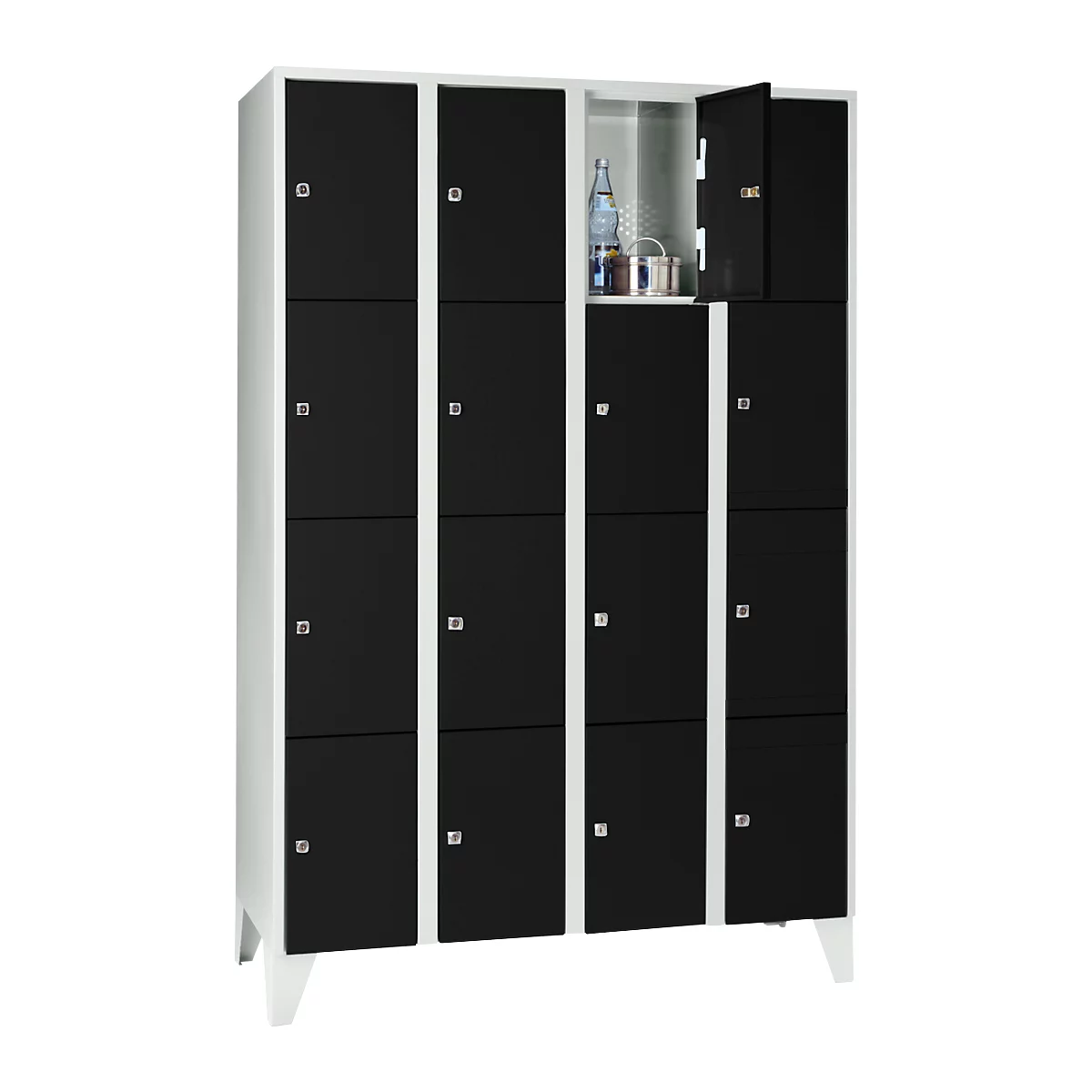 Armoire à casiers pour objets de valeur 300 mm, 4 compartiments, 16 casiers, serrure à cylindre de sécurité, pied, noir ébène