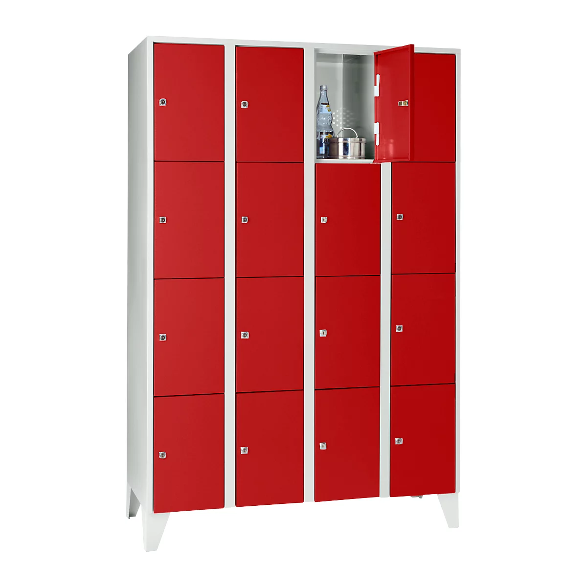 Armoire à casiers pour objets de valeur 300 mm, 4 compartiments, 16 casiers, serrure à cylindre de sécurité, pied, rouge feu
