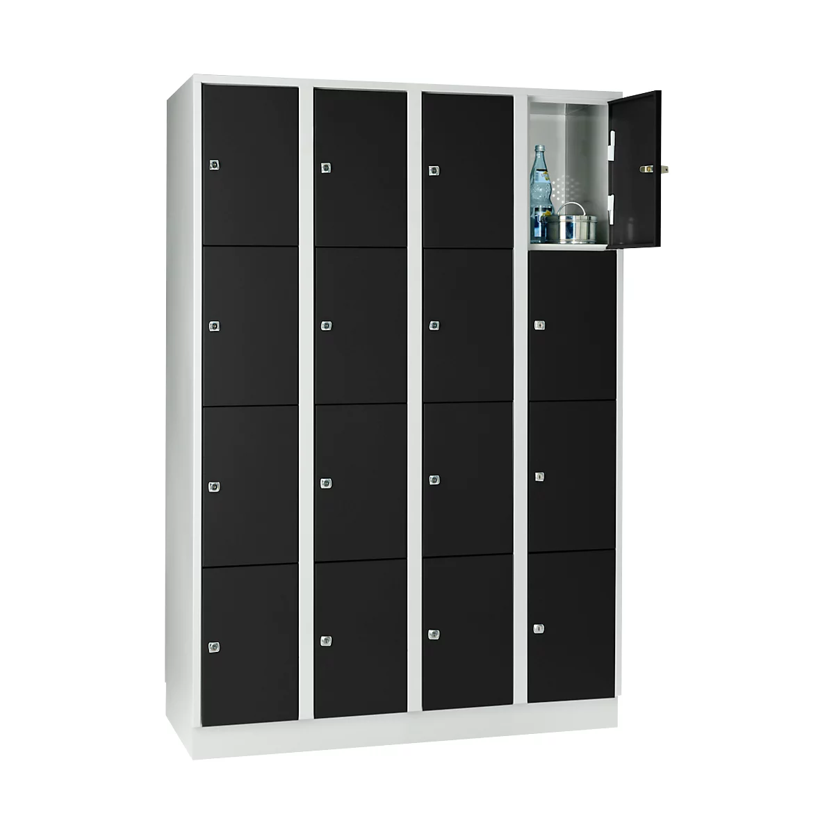 Armoire à casiers pour objets de valeur 300 mm, 4 compartiments, 16 casiers, serrure à cylindre de sécurité, sur socle, noir ébène