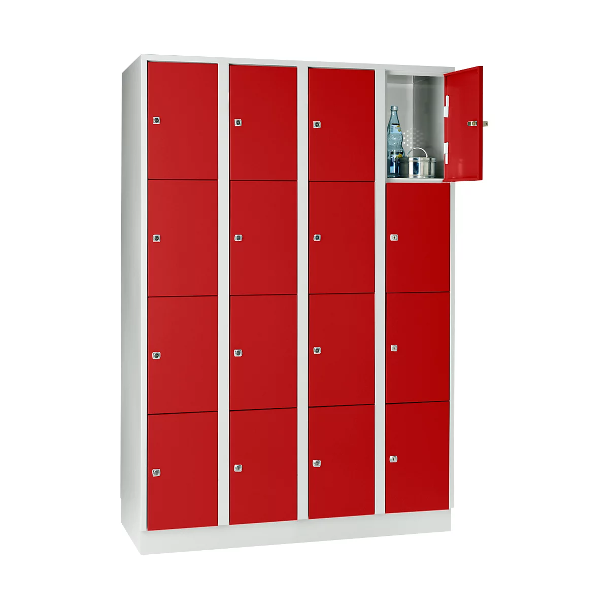 Armoire à casiers pour objets de valeur 300 mm, 4 compartiments, 16 casiers, serrure à cylindre de sécurité, sur socle, rouge feu