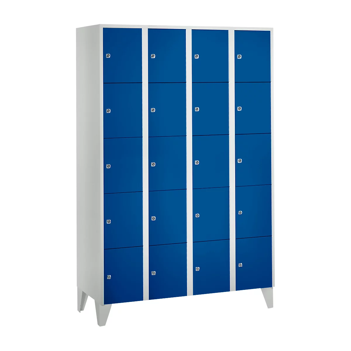 Armoire à casiers pour objets de valeur 300 mm, 4 compartiments, 20 casiers, serrure à cylindre de sécurité, pied, bleu gentiane