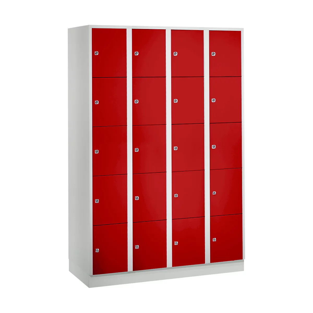 Armoire à casiers pour objets de valeur 300 mm, 4 compartiments, 20 casiers, serrure à cylindre de sécurité, sur socle, rouge feu
