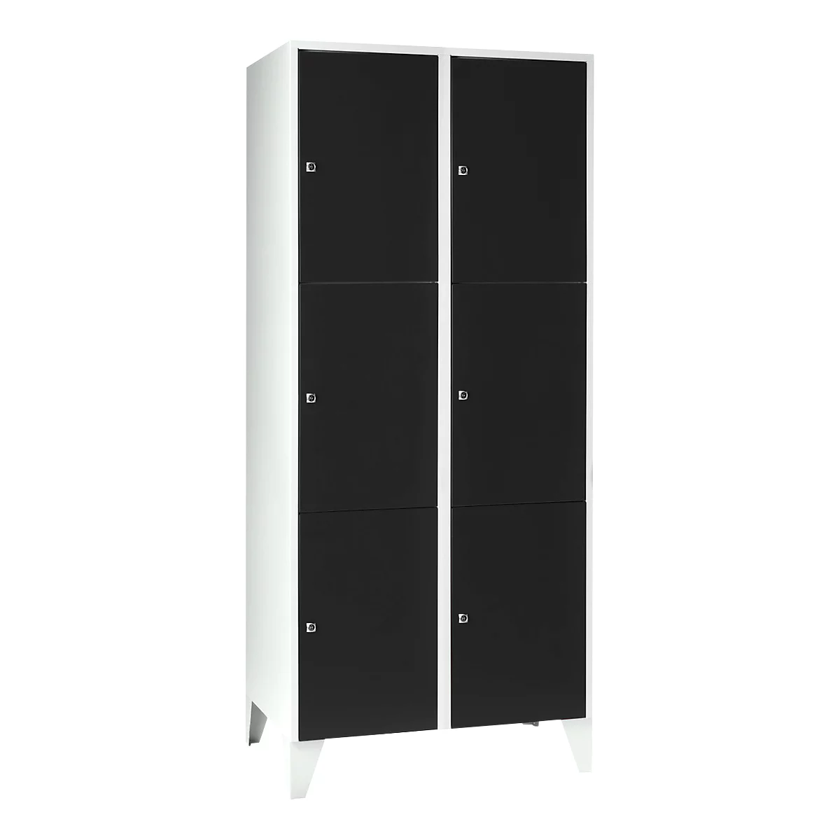 Armoire à casiers pour objets de valeur 400 mm, 2 compartiments, 6 casiers, serrure à cylindre de sécurité, pied, noir ébène