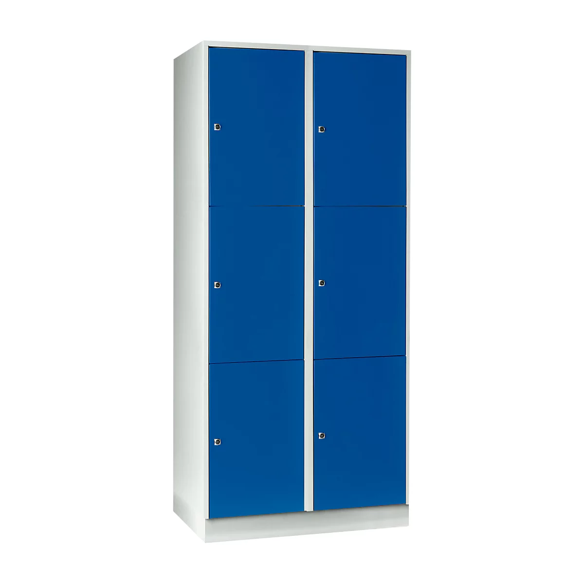 Armoire à casiers pour objets de valeur 400 mm, 2 compartiments, 6 casiers, serrure à cylindre de sécurité, sur socle, bleu gentiane