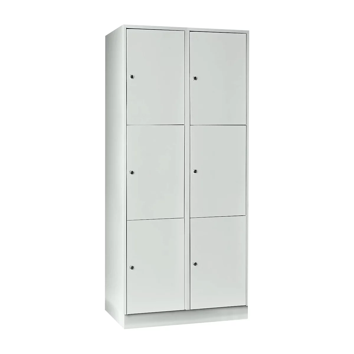Armoire à casiers pour objets de valeur 400 mm, 2 compartiments, 6 casiers, serrure à cylindre de sécurité, sur socle, gris clair