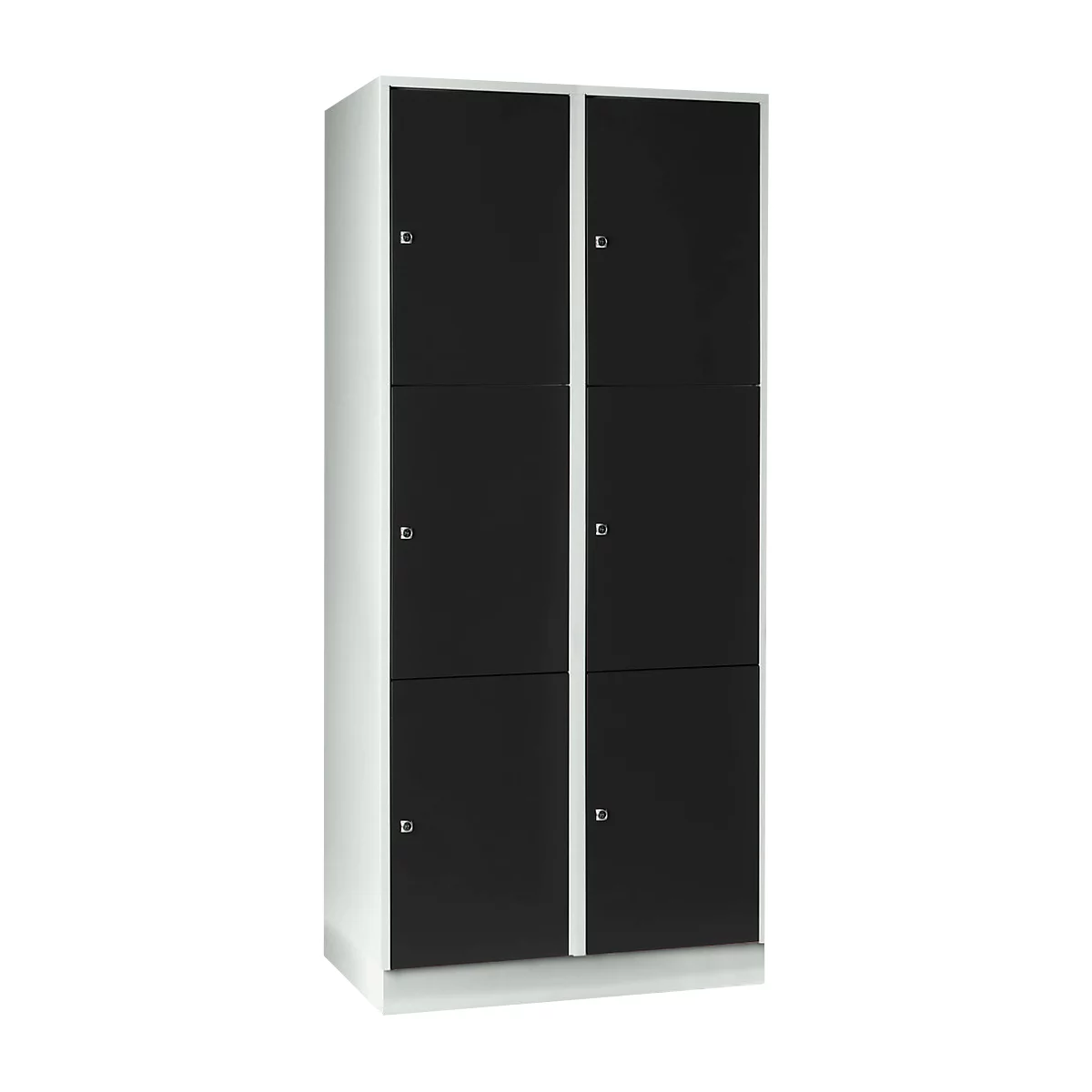 Armoire à casiers pour objets de valeur 400 mm, 2 compartiments, 6 casiers, serrure à cylindre de sécurité, sur socle, noir ébène