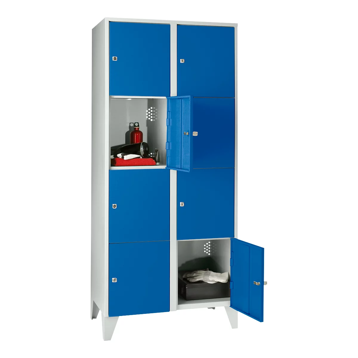 Armoire à casiers pour objets de valeur 400 mm, 2 compartiments, 8 casiers, serrure à cylindre de sécurité, pied, bleu gentiane