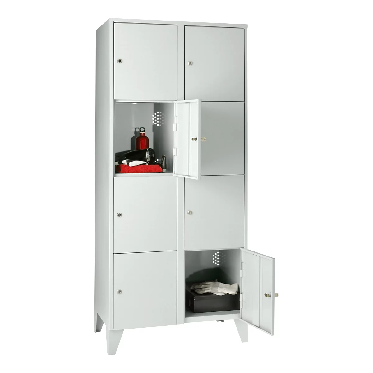 Armoire à casiers pour objets de valeur 400 mm, 2 compartiments, 8 casiers, serrure à cylindre de sécurité, pied, gris clair