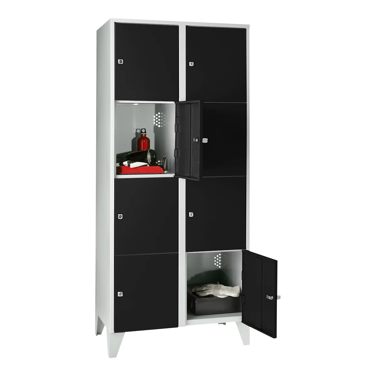Armoire à casiers pour objets de valeur 400 mm, 2 compartiments, 8 casiers, serrure à cylindre de sécurité, pied, noir ébène