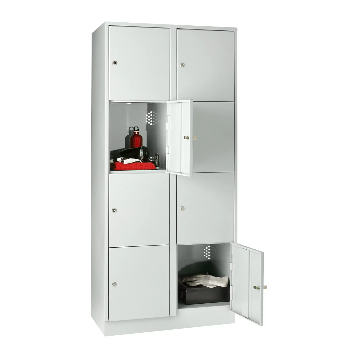 Armoire à casiers pour objets de valeur 400 mm, 2 compartiments, 8 casiers, serrure à cylindre de sécurité, sur socle, gris clair