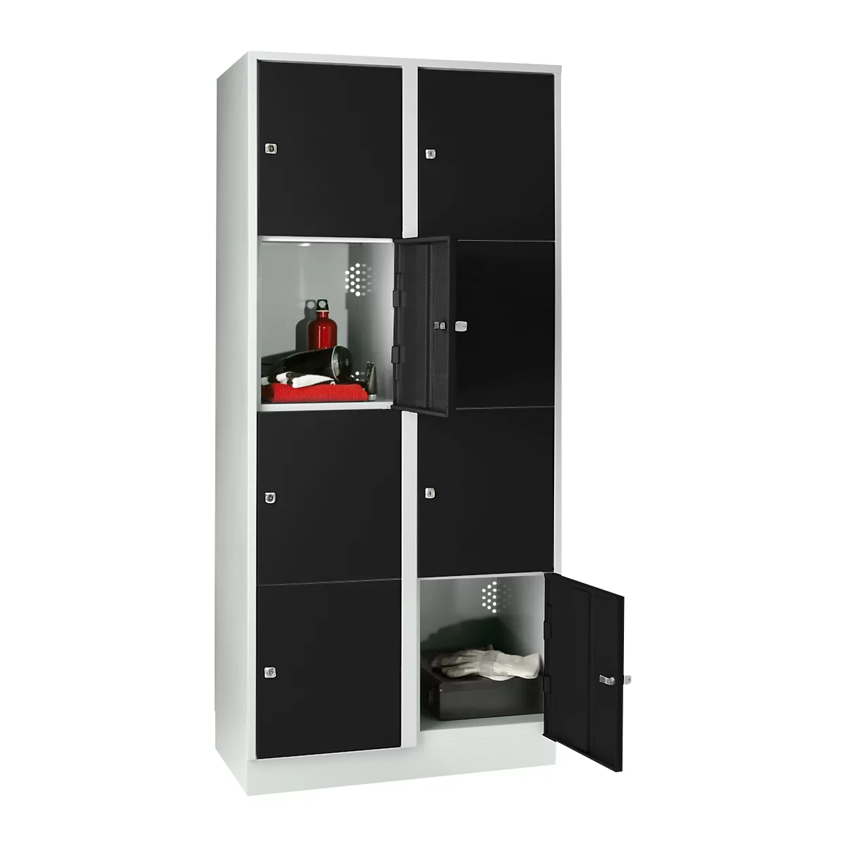 Armoire à casiers pour objets de valeur 400 mm, 2 compartiments, 8 casiers, serrure à cylindre de sécurité, sur socle, noir ébène